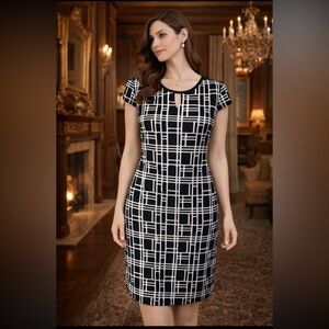 Tahari Levine Dress 10 Black White Short Sleeve Shift Sheath Career Church